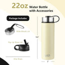 22 Oz Double-walled Insulated Stainless Steel Water Bottle with 2 Lids and Straw by LJGDeals