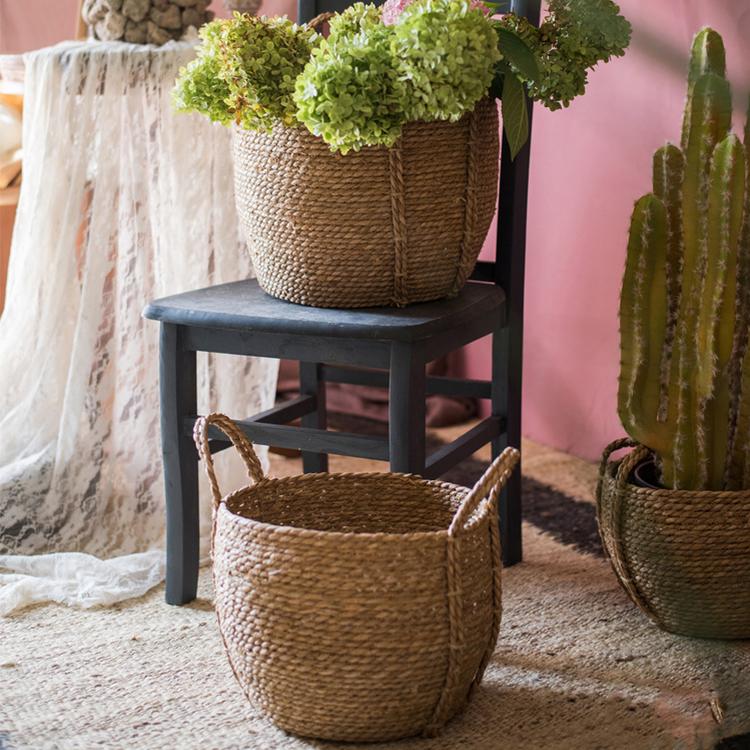 Khaki Brown Solid Color Straw Basket With Handles