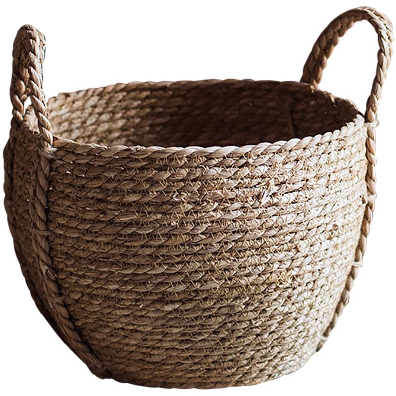 Khaki Brown Solid Color Straw Basket With Handles