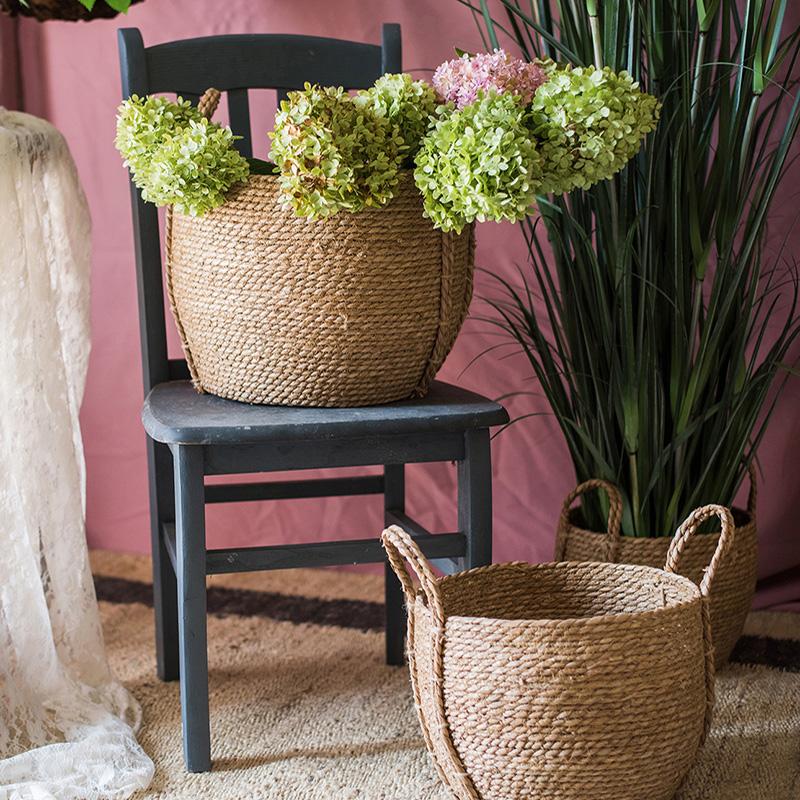 Khaki Brown Solid Color Straw Basket With Handles