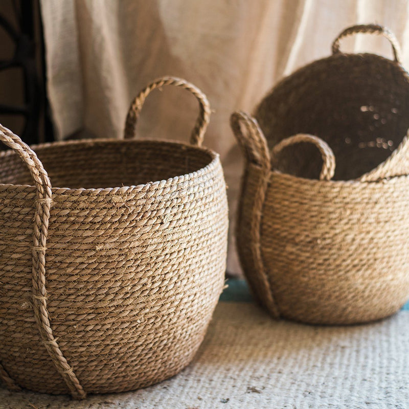 Khaki Brown Solid Color Straw Basket With Handles