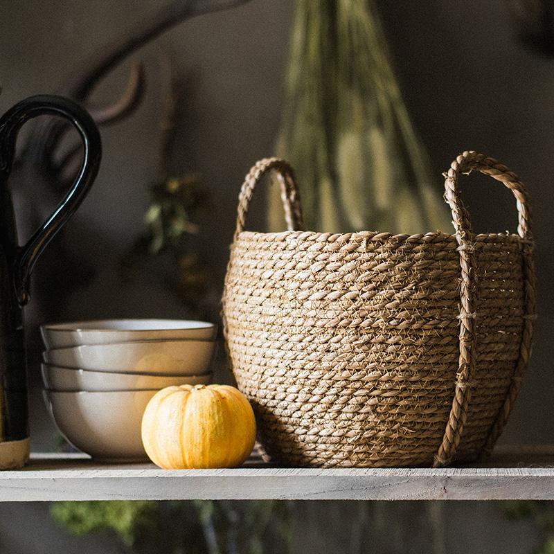 Khaki Brown Solid Color Straw Basket With Handles