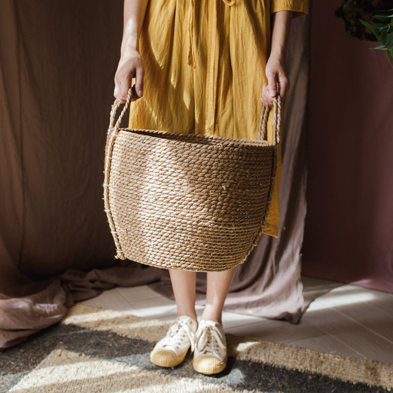 Khaki Brown Solid Color Straw Basket With Handles