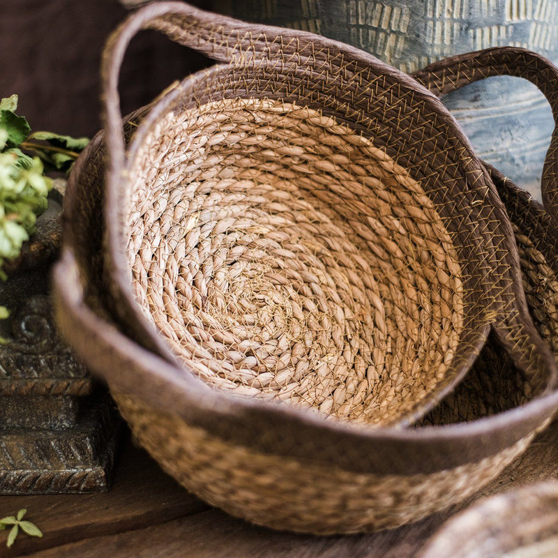 Khaki Brown Straw Basket with Handles