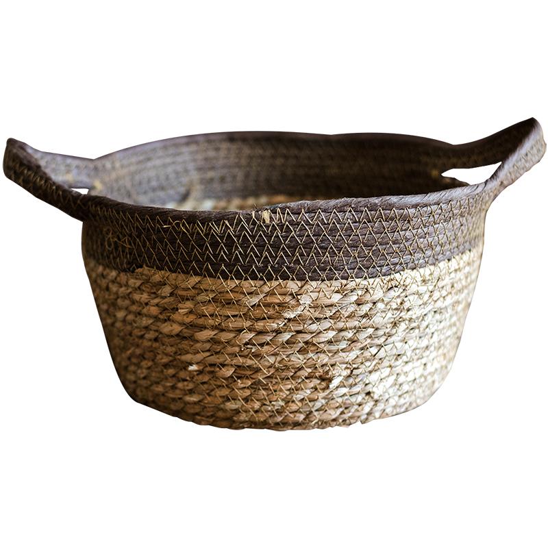 Khaki Brown Straw Basket with Handles