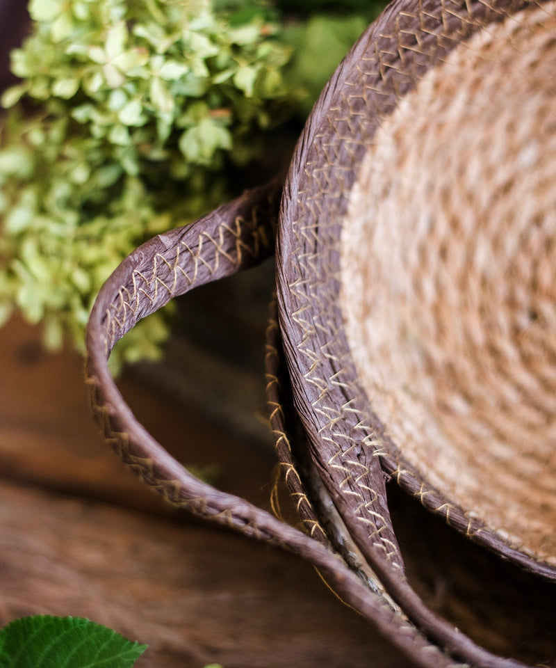 Khaki Brown Straw Basket with Handles