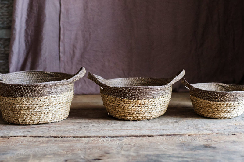 Khaki Brown Straw Basket with Handles