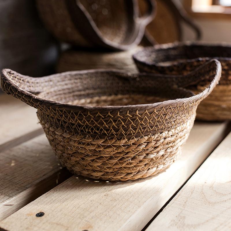 Khaki Brown Straw Basket with Handles