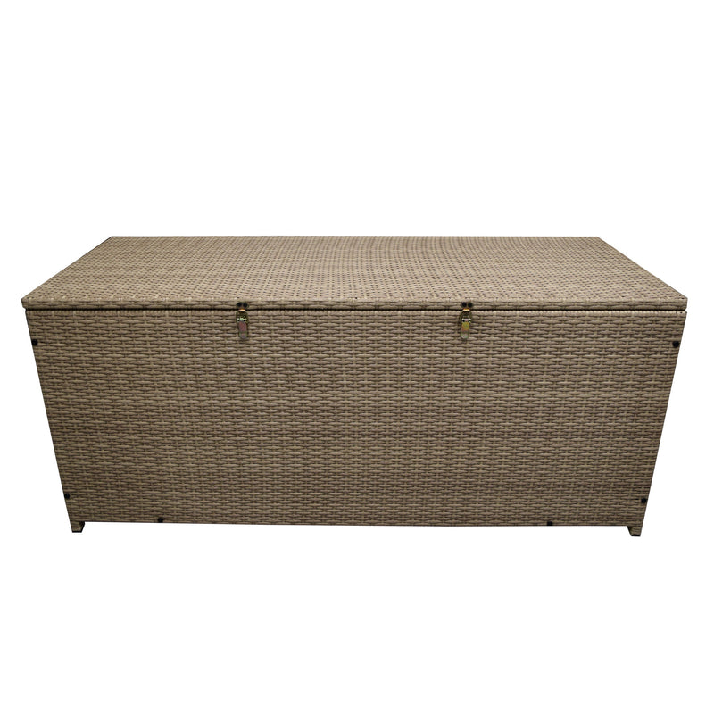 Tan Wicker Patio Deck Box with 113 Gallon Storage and Metal Frame