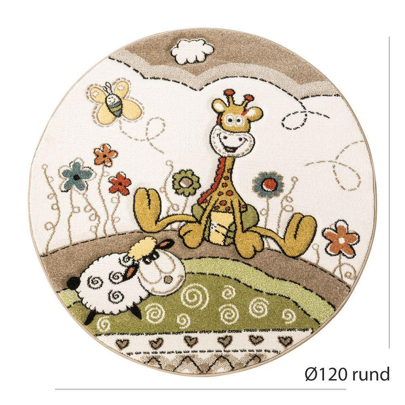 Kid's Rug Cosmo with Baby Giraffe & Sheep in Beige Cream