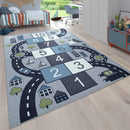 Kids Play Rug for Nursery Hopscotch Streets in Grey Blue