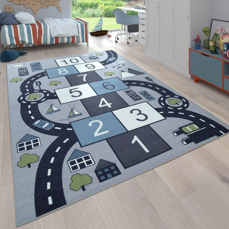 Kids Play Rug for Nursery Hopscotch Streets in Grey Blue
