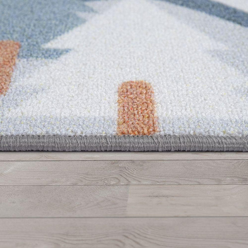 Kids Play Rug For Nursery Road With Forest Animals grey blue