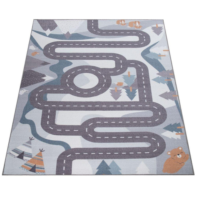 Kids Play Rug For Nursery Road With Forest Animals grey blue