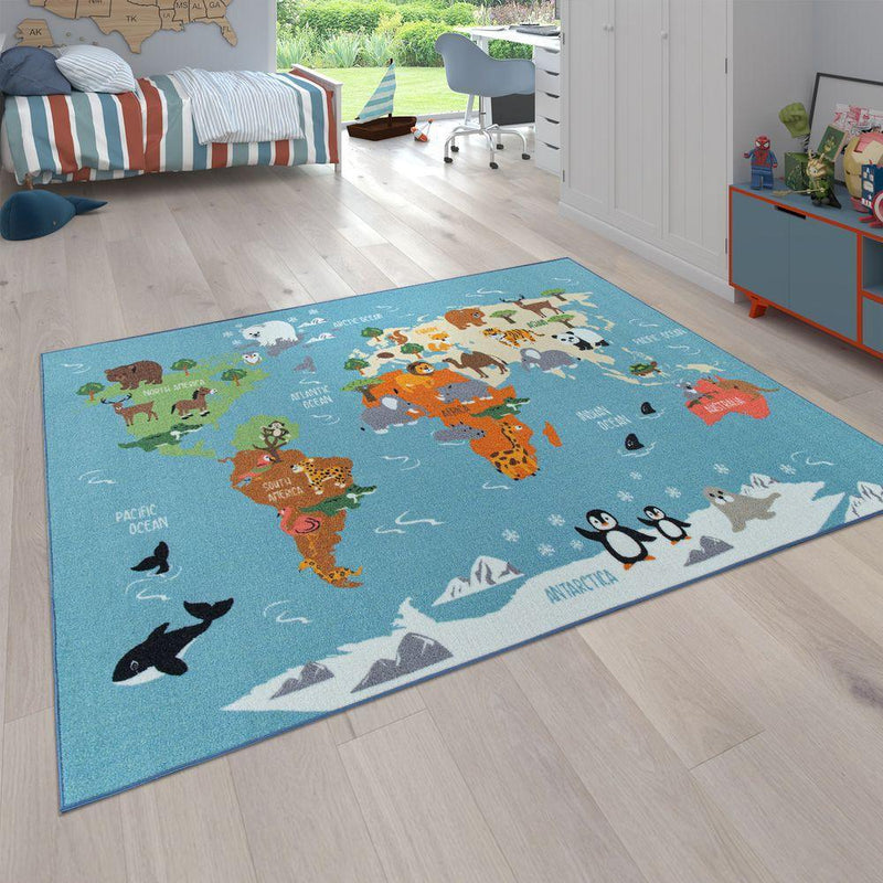 Kids Play Rug for Nursery World map with Animals in blue