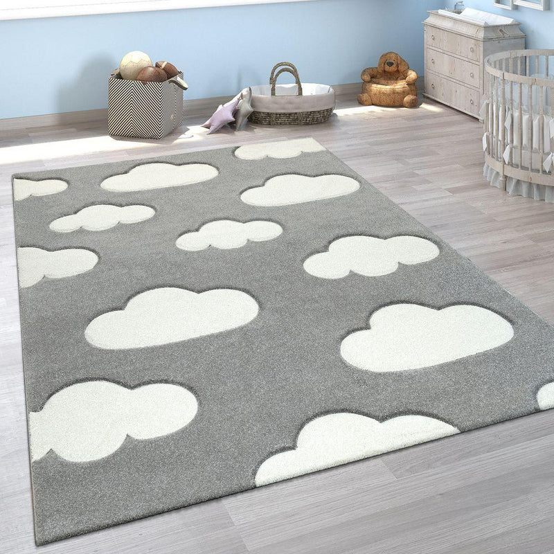 Kids Room Rug Cosmo with Clouds in Pastel Grey White