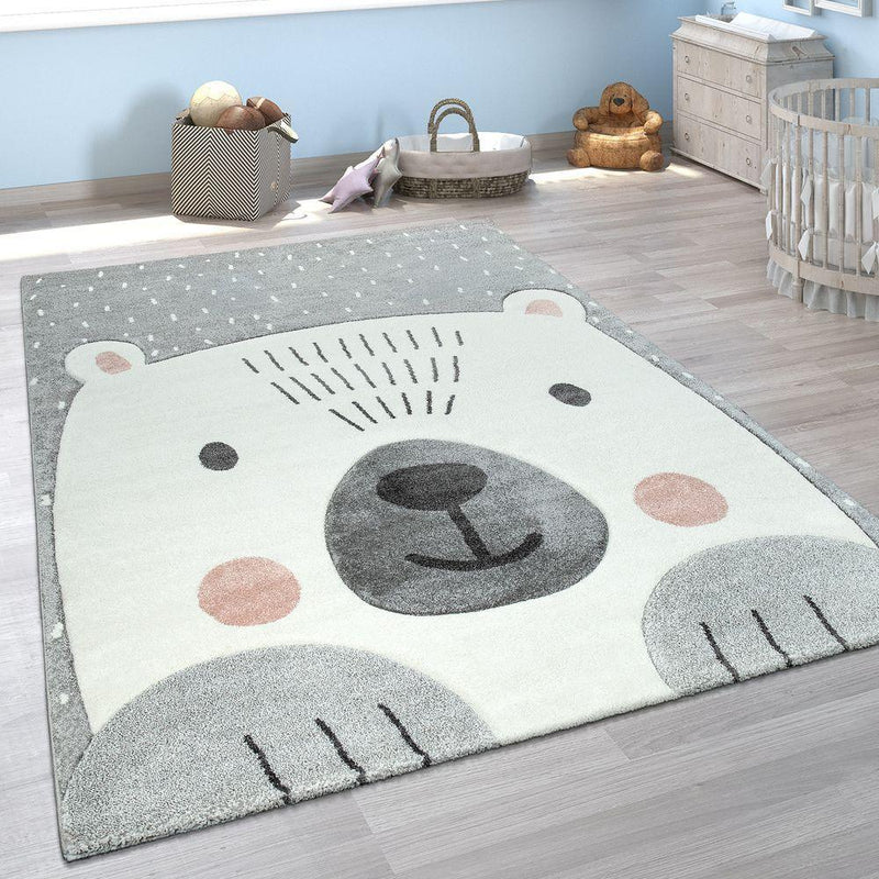 Kids Room Rug Cute Snow Bear 3D In Grey White