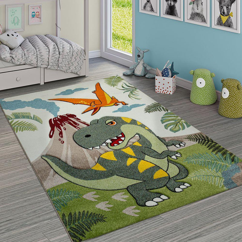 Kids Room Rug Dinosaur Jungle Volcano 3D in Green