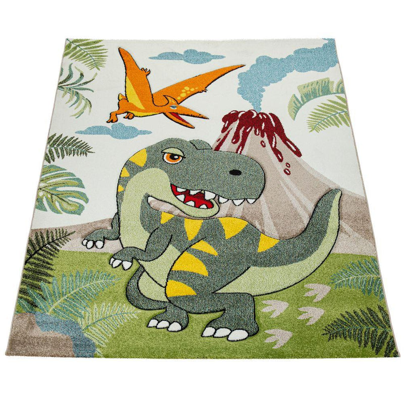 Kids Room Rug Dinosaur Jungle Volcano 3D in Green