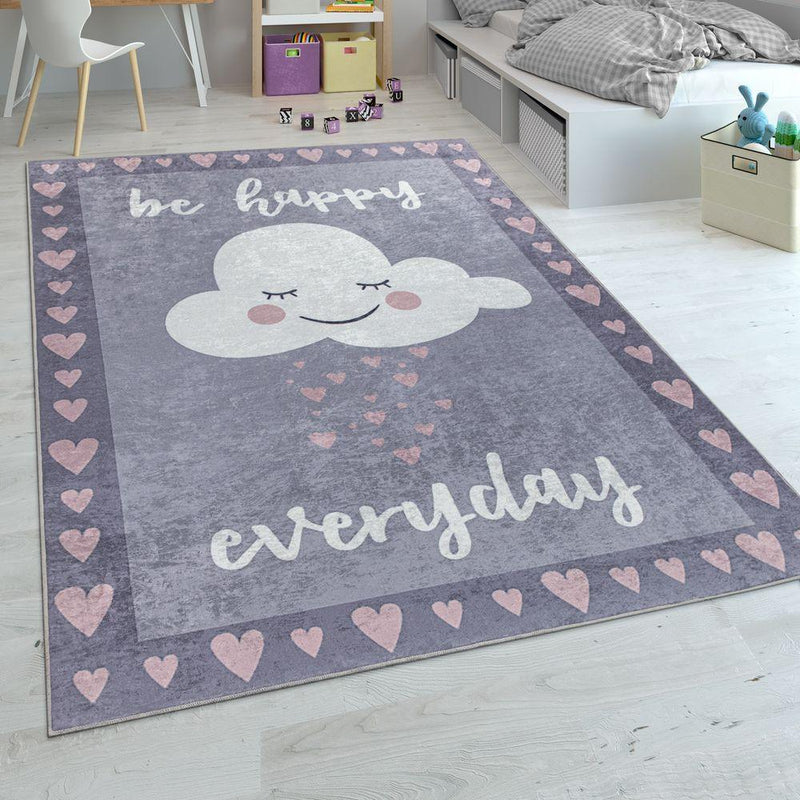 Kids Rug Cloud and Hearts for Nursery in Grey Pink