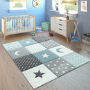 Kids Rug Dots Hearts Stars Checked White Blue Pastel