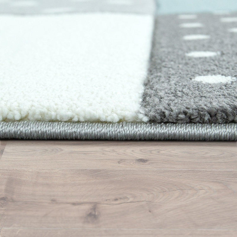 Kids Rug Dots Hearts Stars Checked White Blue Pastel