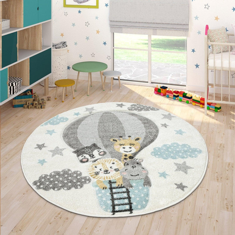 Kids Rug Hot Air Balloon Animals Clouds in Pastel Cream