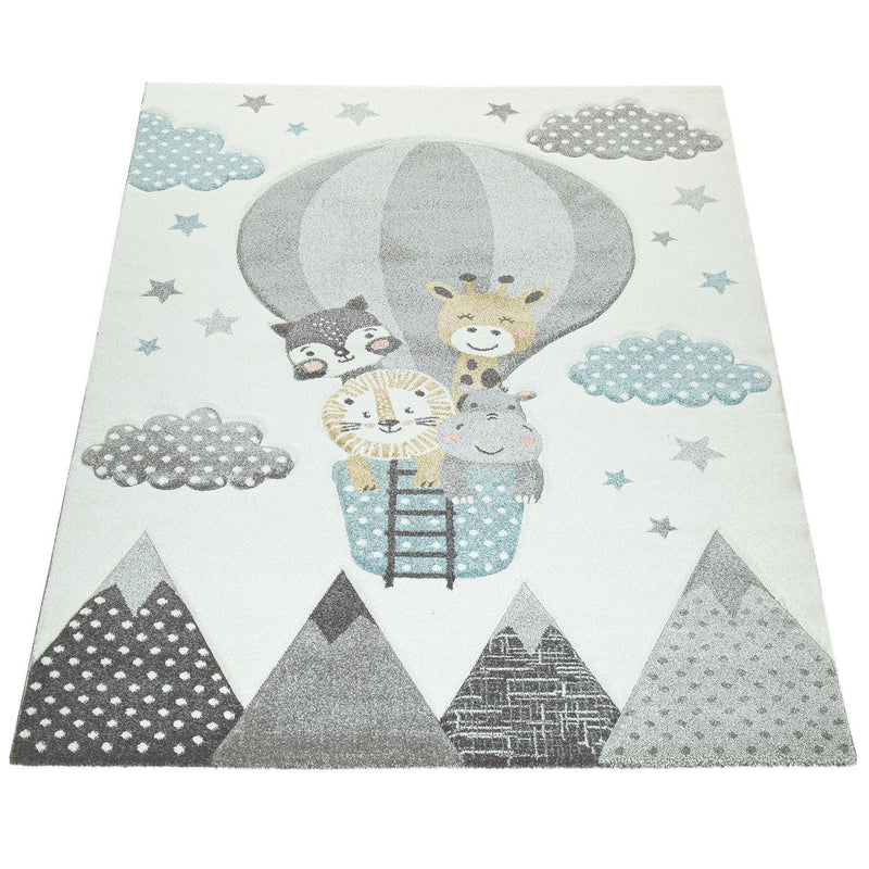 Kids Rug Hot Air Balloon Animals Clouds in Pastel Cream