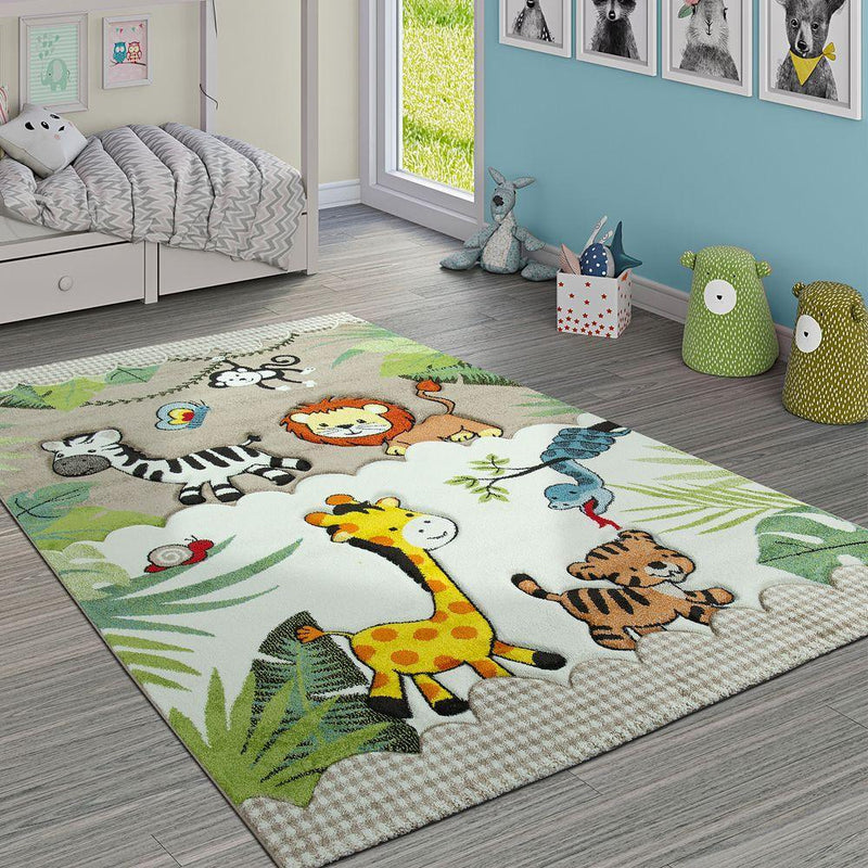 Kids Rug Jungle Animals Giraffe Lion Tiger Zebra Beige Cream