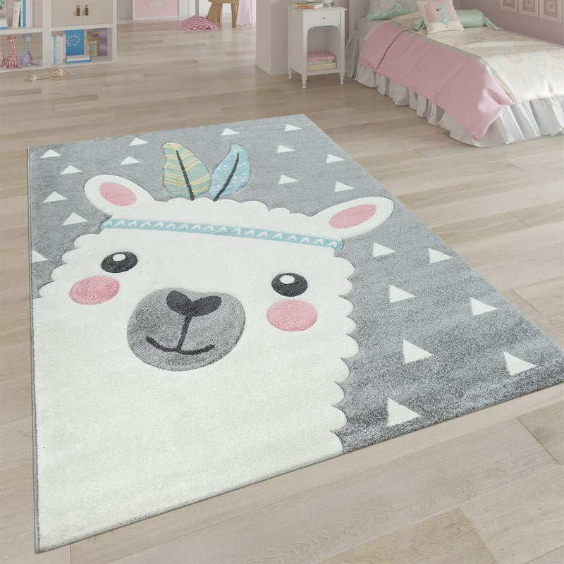 Kids Rug Nursery Cute Alpaca 3D White Grey Pastel
