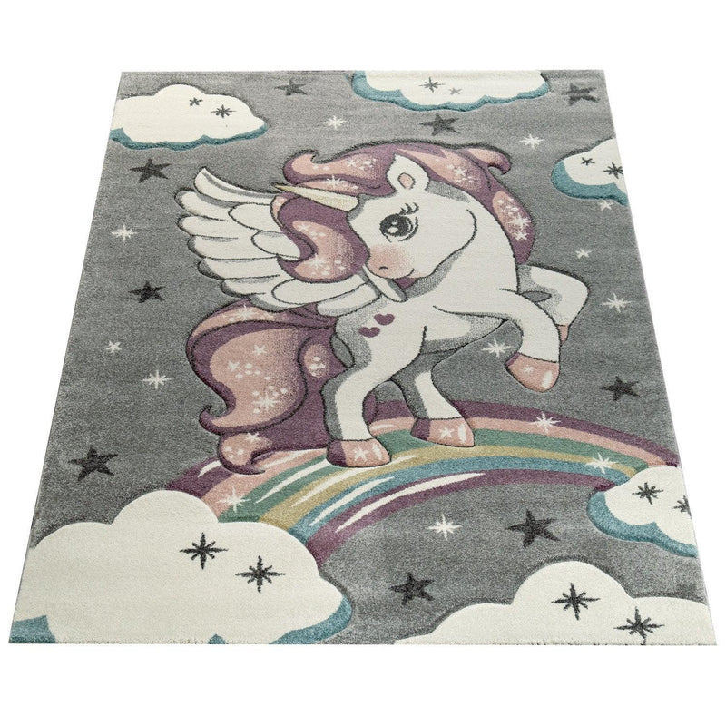 Kids Rug Rainbow Unicorn Colourful Grey