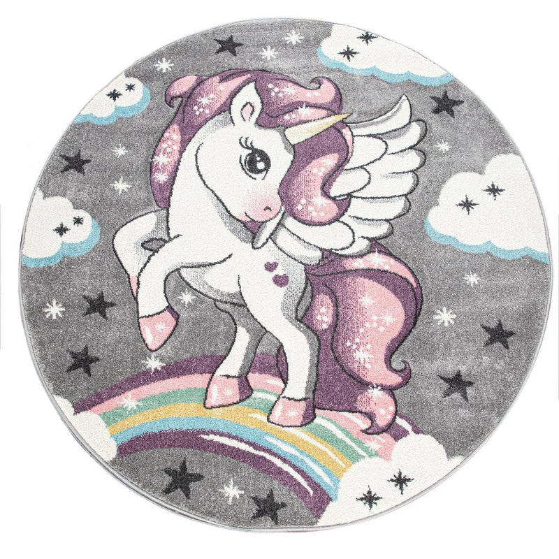 Kids Rug Rainbow Unicorn Colourful Grey