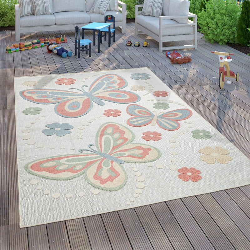 Kids Rug Tweet Colorful Playmat with Butterflies - Beige Cream