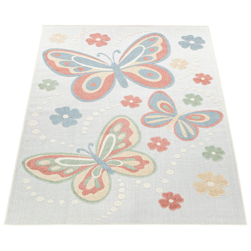 Kids Rug Tweet Colorful Playmat with Butterflies - Beige Cream