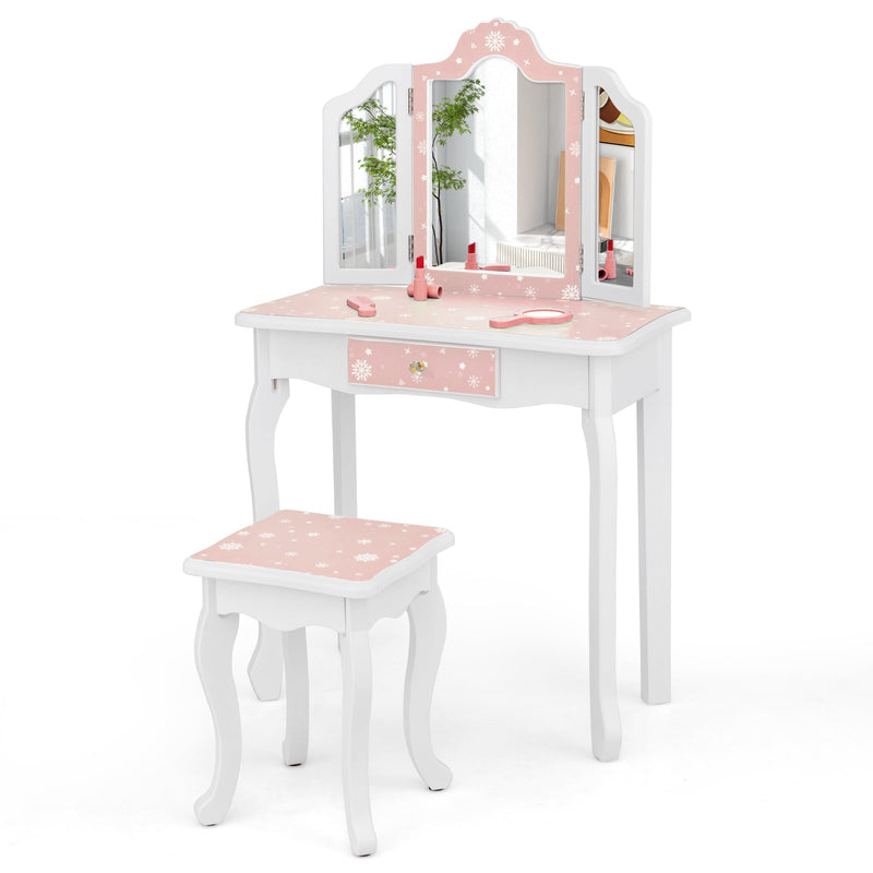Princess Pretend Play Makeup Table and Stool Set with Tri-folding Mirror-Pink, photo 2 of 3