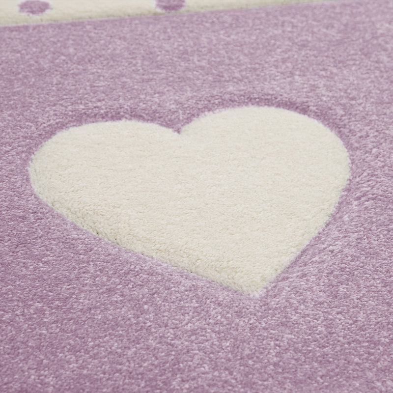 Nursery Rug Kids Checked Dots Hearts Crowns in Pastel Purple Grey