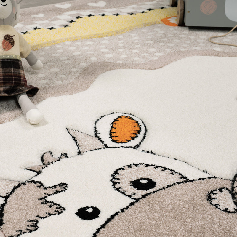 Kids Rug with Charming Farm Animals Patchwork in Beige Cream