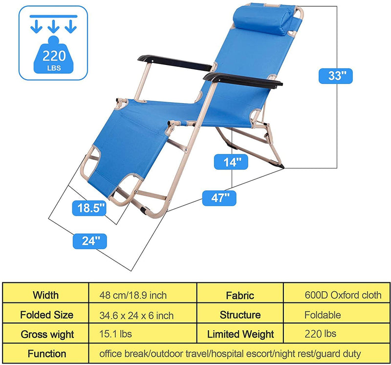 Set of 2 Portable Reclining Lounge Patio Chairs Folding Outdoor Chairs for Outdoor Lawn Beach Pool Camping, Blue