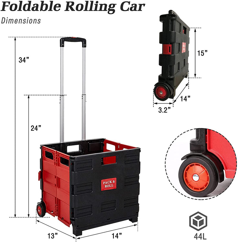 6 Pack Collapsible Rolling Crate Utility Cart 44L Foldable Grocery Cart with Wheels(Red, Medium)