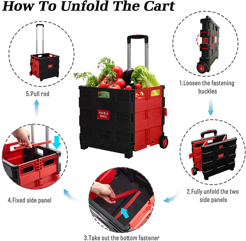 44L Medium Folding Rolling Utility Shopping Cart with Wheels, Black & Red