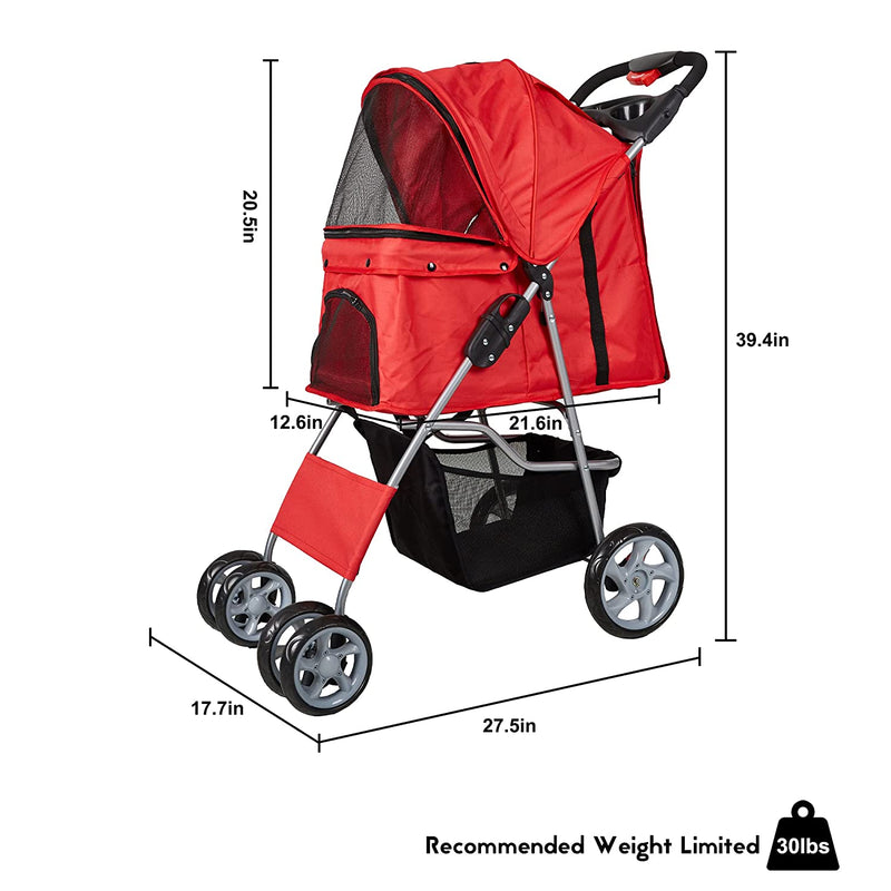 Folding Pet Stroller Elite Jogger Kitten Puppy Easy Walk Dog Cat Small Animals Travel Carrier, Red