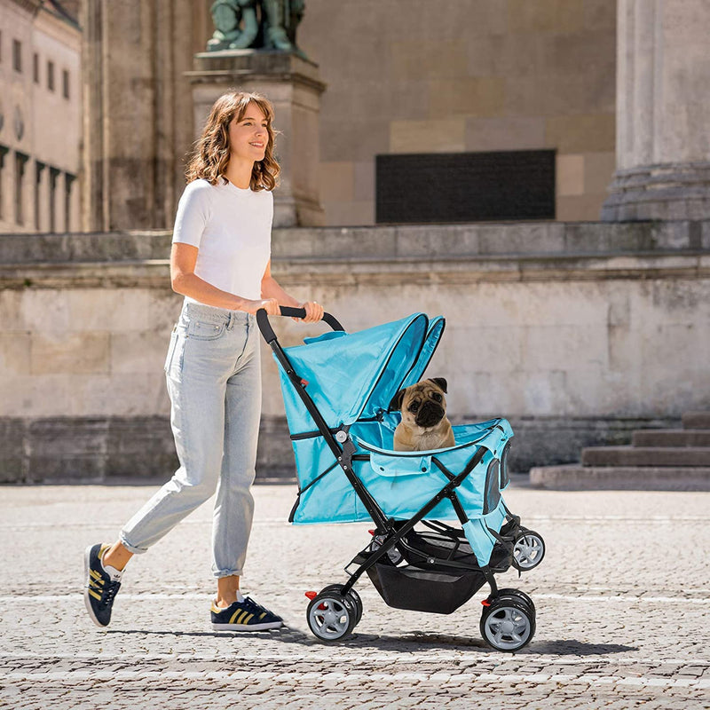 Folding 4 Wheels Double Pet Stroller Two-Seater Carrier Cart, Blue