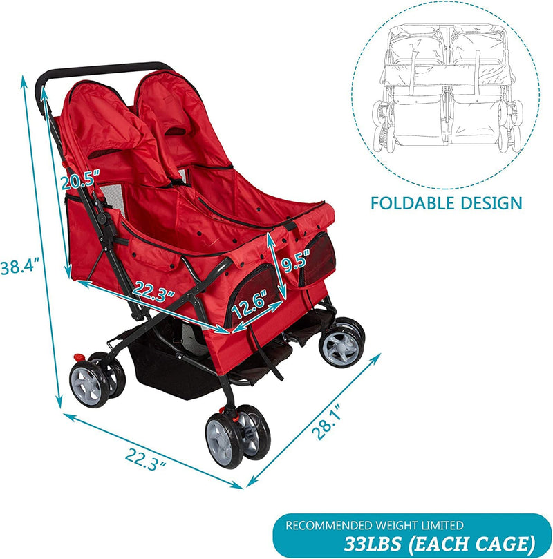 Double Folding Dog & Cat Stroller Two-Seater Pet Carrier Cart, Red