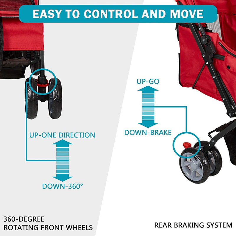 Double Folding Dog & Cat Stroller Two-Seater Pet Carrier Cart, Red