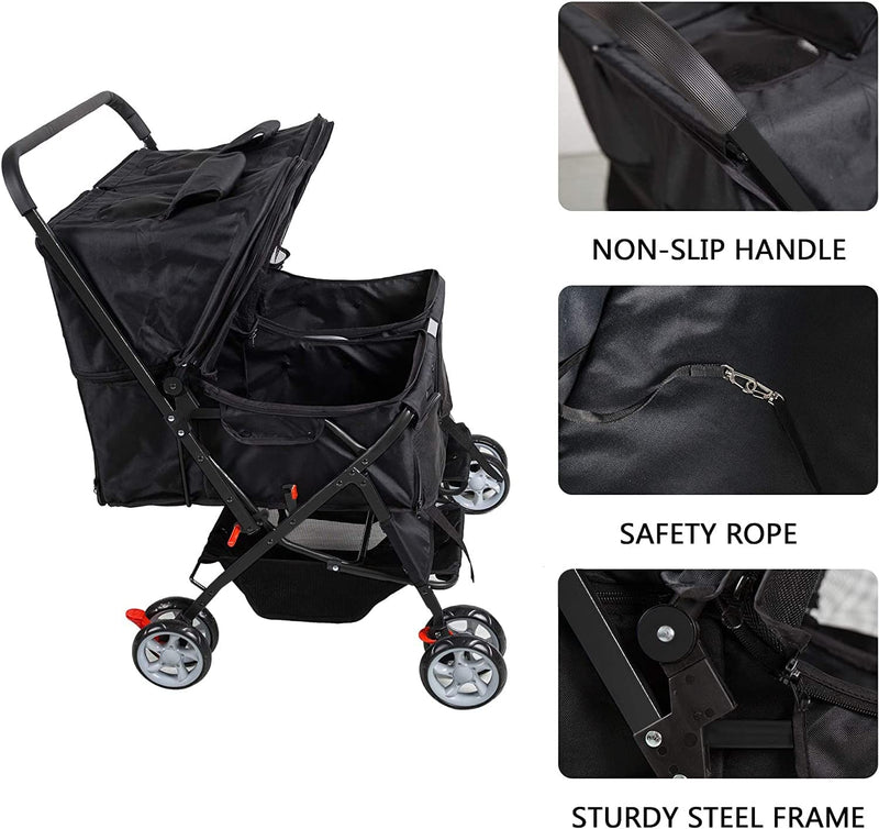 Pet Stroller Twin Folding Dog Cat Carrier Travel Cart, Black