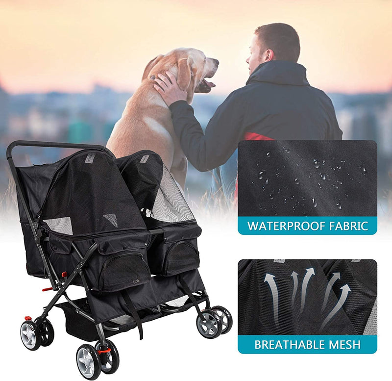 Pet Stroller Twin Folding Dog Cat Carrier Travel Cart, Black