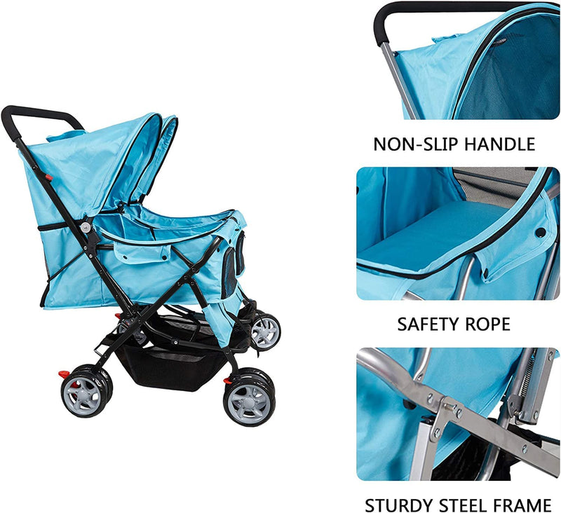 Folding 4 Wheels Double Pet Stroller Two-Seater Carrier Cart, Blue