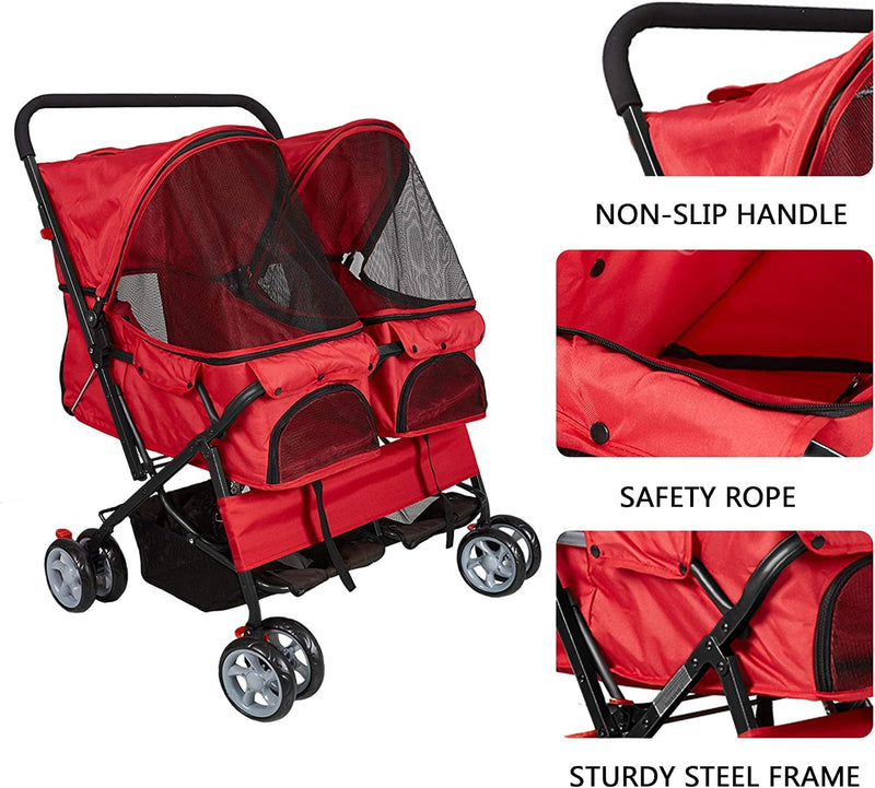 Double Folding Dog & Cat Stroller Two-Seater Pet Carrier Cart, Red