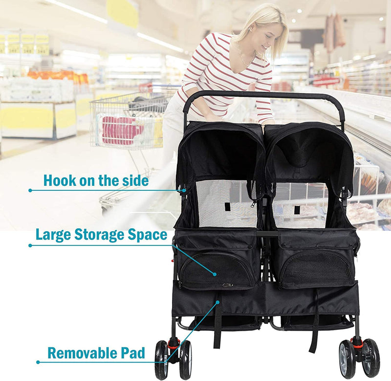 Pet Stroller Twin Folding Dog Cat Carrier Travel Cart, Black