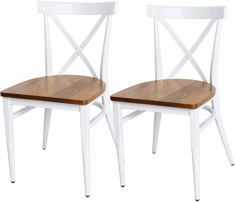 Set of 2 Dining Room Chairs Metal Frame Wood Seat Cross Back Side Seat Kitchen